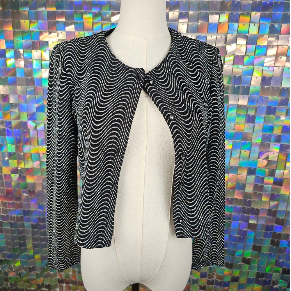 Ronni Nicole Vintage‎ Black Silver Wave Sparkle Knit Cropped Cardigan Jacket - Picture 3 of 11